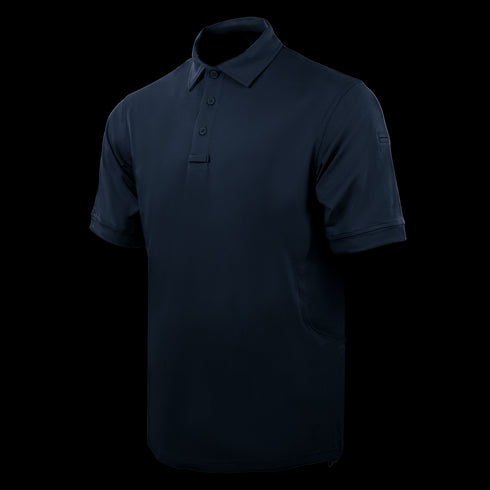 The Condor Short Sleeve Dri-Flex Tactical Polo in dark navy blue features a collar and three-button placket, displayed on a white background.