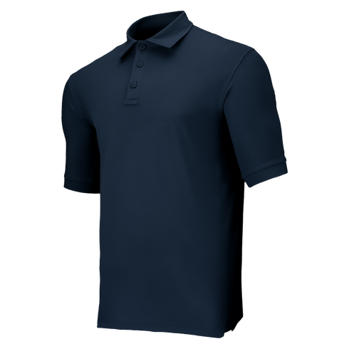 Condor Short Sleeve Dri-Flex Tactical Polo in navy blue features a collar and three-button placket, shown on a plain white background.