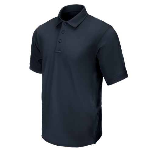 Condor Short Sleeve Dri-Flex Tactical Polo in navy blue features a collar and three-button placket, shown on a plain white background.