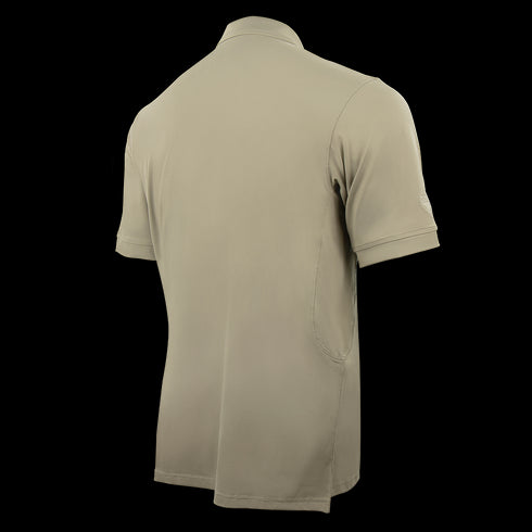The Condor Short Sleeve Dri-Flex Tactical Polo in khaki is shown from the back against a white background.