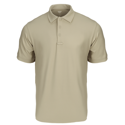 The Condor Short Sleeve Dri-Flex Tactical Polo in Silver Tan features a collar and three-button placket, displayed on a white background.