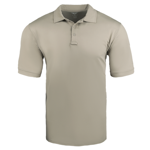 The Condor Short Sleeve Dri-Flex Tactical Polo in Silver Tan features a collar and three-button placket, displayed on a white background.