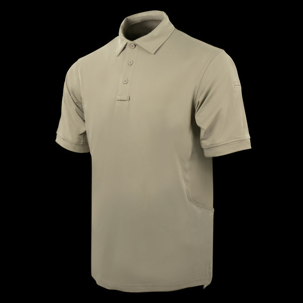The Condor Short Sleeve Dri-Flex Tactical Polo is a khaki shirt featuring a three-button placket, short sleeves, and a small side pocket, shown against a white background.