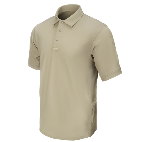 Condor Short Sleeve Dri-Flex Tactical Polo in tan, shown on a blank background, features a classic collar and three-button placket.