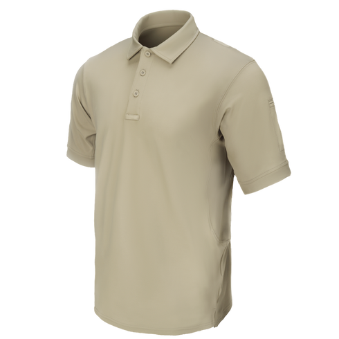 Condor Short Sleeve Dri-Flex Tactical Polo in tan, shown on a blank background, features a classic collar and three-button placket.