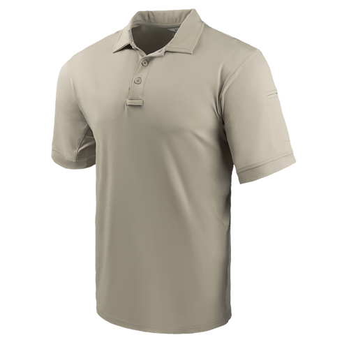 Condor Short Sleeve Dri-Flex Tactical Polo in tan, shown on a blank background, features a classic collar and three-button placket.