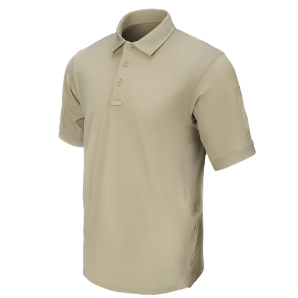 Condor Short Sleeve Dri-Flex Tactical Polo in tan, shown on a blank background, features a classic collar and three-button placket.