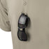 A pair of black sunglasses hangs from the button placket of a beige Condor Short Sleeve Dri-Flex Tactical Polo.