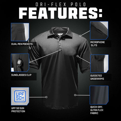 Condor Short Sleeve Dri-Flex Tactical Polo featuring dual pen pockets, microphone slits, sunglasses clip, gusseted underarms, UPF 50+ sun protection, and quick-dry ultra flex fabric.