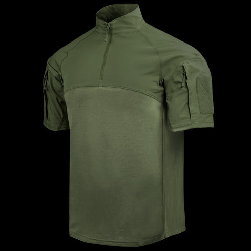 Condor Short Sleeve Combat Shirt Gen II in Olive Drab with a quarter-zip front, high collar, and zippered shoulder pockets is shown on a plain background.
