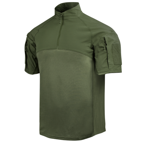 Condor Short Sleeve Combat Shirt Gen II in Olive Drab with a quarter-zip front, high collar, and zippered shoulder pockets is shown on a plain background.