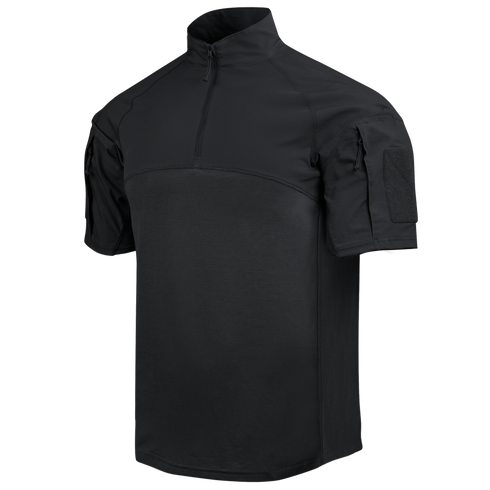 The Condor Short Sleeve Combat Shirt Gen II in black features a quarter-zip collar, shoulder pockets, and Velcro sleeve patches. Its lightweight, moisture-wicking fabric keeps you comfortable in any situation.