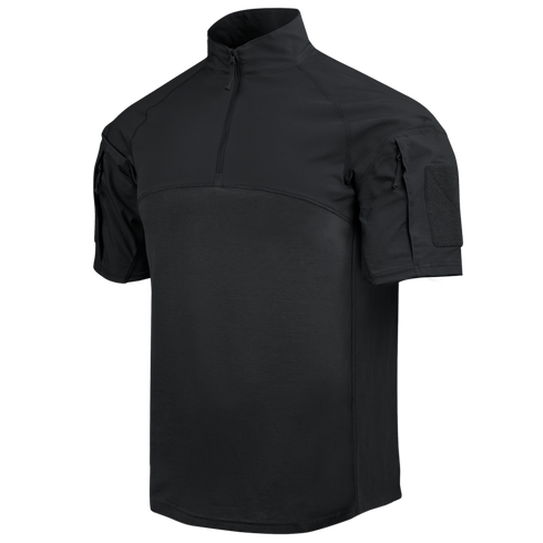 The Condor Short Sleeve Combat Shirt Gen II in black features a quarter-zip collar, shoulder pockets, and Velcro sleeve patches. Its lightweight, moisture-wicking fabric keeps you comfortable in any situation.
