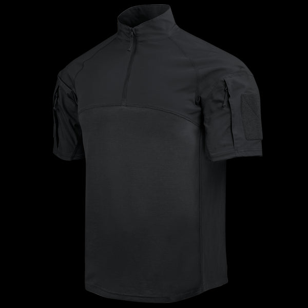 The Condor Short Sleeve Combat Shirt Gen II in black features a quarter-zip collar, shoulder pockets, and Velcro sleeve patches. Its lightweight, moisture-wicking fabric keeps you comfortable in any situation.