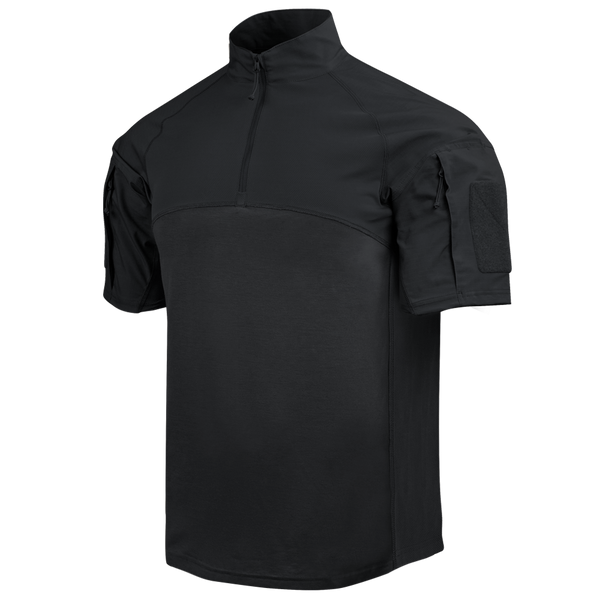 The Condor Short Sleeve Combat Shirt Gen II in black features a quarter-zip collar, shoulder pockets, and Velcro sleeve patches. Its lightweight, moisture-wicking fabric keeps you comfortable in any situation.