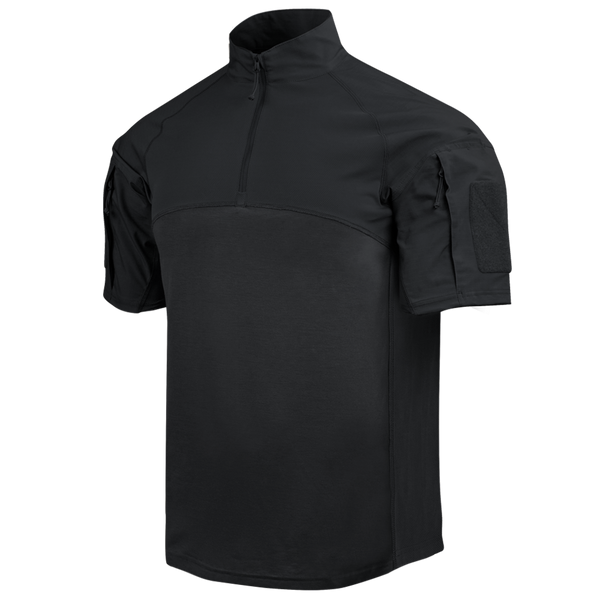 The Condor Short Sleeve Combat Shirt Gen II in black features a quarter-zip collar, shoulder pockets, and Velcro sleeve patches. Its lightweight, moisture-wicking fabric keeps you comfortable in any situation.