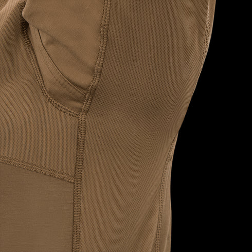 Close-up of the Condor Short Sleeve Combat Shirt Gen II in brown, highlighting its lightweight fabric, pocket, stitch details, and varied textures.