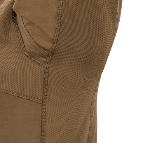 Close-up of the Condor Short Sleeve Combat Shirt Gen II in brown, highlighting its lightweight fabric, pocket, stitch details, and varied textures.