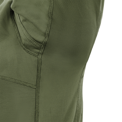 Close-up of Condors Long Sleeve Combat Shirt Gen II in green, showing a seam, small pocket, and a mix of textured and smooth fabric panels.