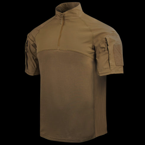 The Condor Short Sleeve Combat Shirt Gen II in Tan features a quarter-zip collar, chest seam, and zippered shoulder pockets. Its lightweight, moisture-wicking fabric is ideal for demanding conditions.