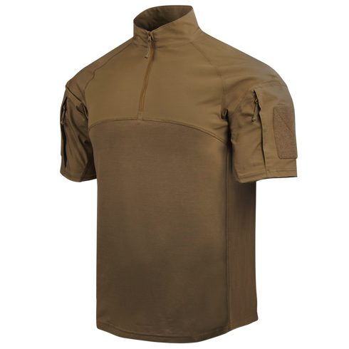The Condor Short Sleeve Combat Shirt Gen II in Tan features a quarter-zip collar, chest seam, and zippered shoulder pockets. Its lightweight, moisture-wicking fabric is ideal for demanding conditions.