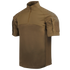 The Condor Short Sleeve Combat Shirt Gen II in Tan features a quarter-zip collar, chest seam, and zippered shoulder pockets. Its lightweight, moisture-wicking fabric is ideal for demanding conditions.