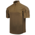 The Condor Short Sleeve Combat Shirt Gen II in Tan features a quarter-zip collar, chest seam, and zippered shoulder pockets. Its lightweight, moisture-wicking fabric is ideal for demanding conditions.