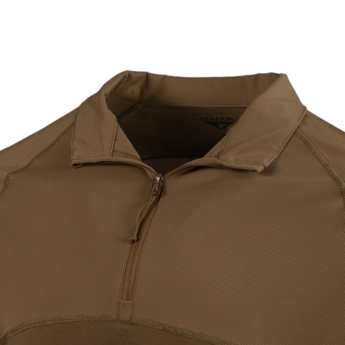 Close-up of the Condor Short Sleeve Combat Shirt Gen II, a lightweight brown tactical shirt featuring a quarter-zip front and stand-up collar.