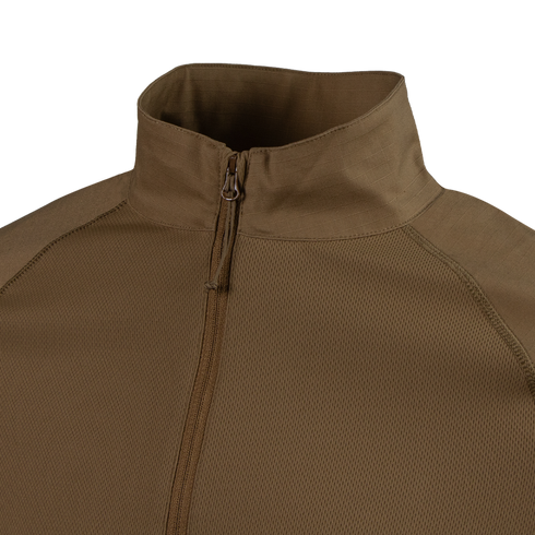 Close-up of the Condor Short Sleeve Combat Shirt Gen II featuring a brown, lightweight design with a stand-up collar and textured main fabric.