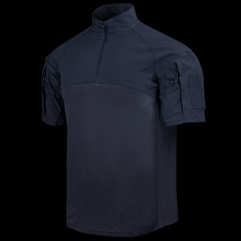 The Condor Short Sleeve Combat Shirt Gen II in Navy features a quarter-zip collar, shoulder pockets, and hook-and-loop sleeve patches, made from lightweight, moisture-wicking fabric for versatile comfort.
