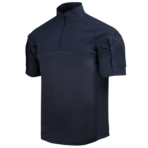 The Condor Short Sleeve Combat Shirt Gen II in Navy features a quarter-zip collar, shoulder pockets, and hook-and-loop sleeve patches, made from lightweight, moisture-wicking fabric for versatile comfort.