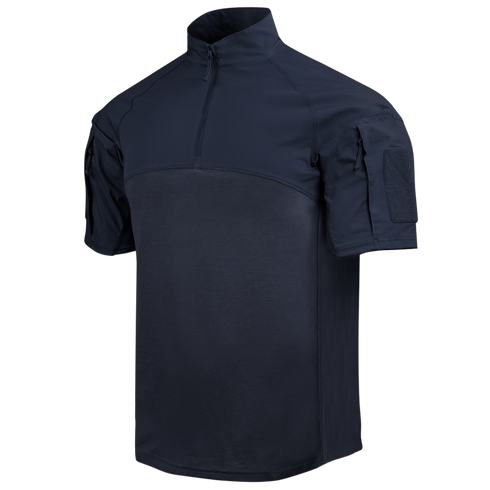 The Condor Short Sleeve Combat Shirt Gen II in Navy features a quarter-zip collar, shoulder pockets, and hook-and-loop sleeve patches, made from lightweight, moisture-wicking fabric for versatile comfort.