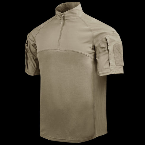 The Condor Short Sleeve Combat Shirt Gen II, shown in tan on a white background, features a quarter-zip front, high collar, and dual sleeve pockets.