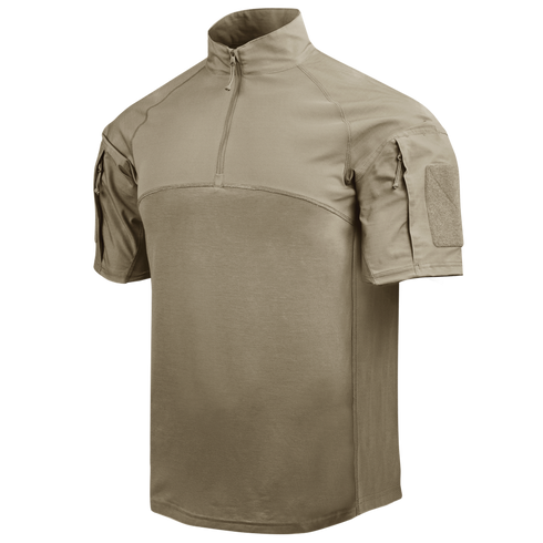 The Condor Short Sleeve Combat Shirt Gen II, shown in tan on a white background, features a quarter-zip front, high collar, and dual sleeve pockets.