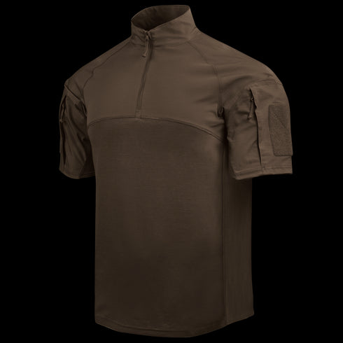 Condor Short Sleeve Combat Shirt Gen II in brown, featuring a quarter-zip front, high collar, and zippered sleeve pockets, is displayed against a plain white background.