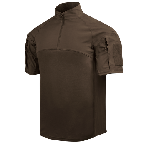 Condor Short Sleeve Combat Shirt Gen II in brown, featuring a quarter-zip front, high collar, and zippered sleeve pockets, is displayed against a plain white background.