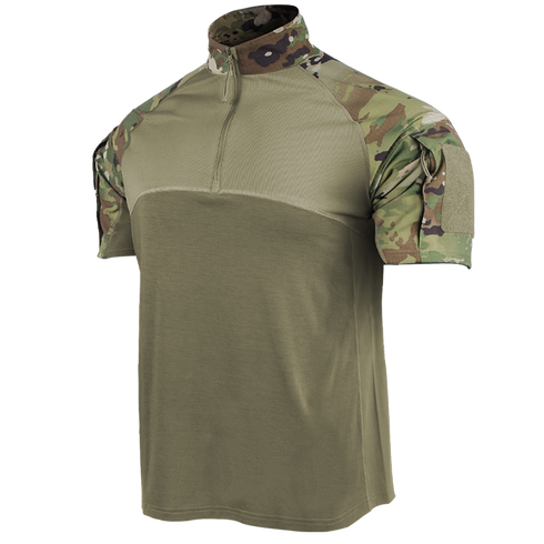 The Condor Short Sleeve Combat Shirt Gen II in Scorpion OCP features a partial zip front, an olive green body, and camouflage-patterned sleeves and collar, shown against a plain background.