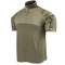 The Condor Short Sleeve Combat Shirt Gen II in Scorpion OCP features a partial zip front, an olive green body, and camouflage-patterned sleeves and collar, shown against a plain background.