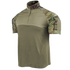 The Condor Short Sleeve Combat Shirt Gen II in Scorpion OCP features a partial zip front, an olive green body, and camouflage-patterned sleeves and collar, shown against a plain background.