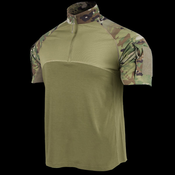 The Condor Short Sleeve Combat Shirt Gen II in Scorpion OCP features a green body with camouflage sleeves and collar, plus a partial front zipper—perfect for EDC or the shooting range.