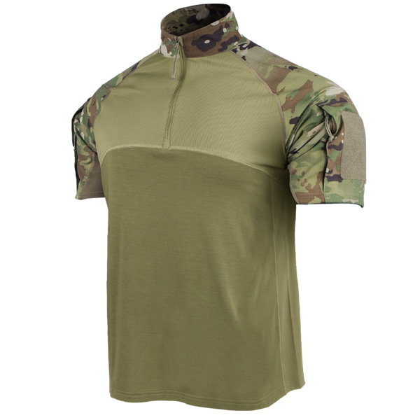 The Condor Short Sleeve Combat Shirt Gen II in Scorpion OCP features a green body with camouflage sleeves and collar, plus a partial front zipper—perfect for EDC or the shooting range.