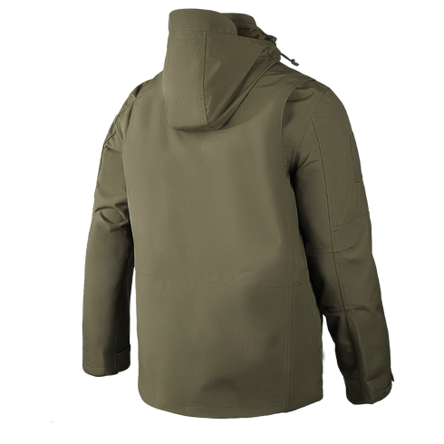 The Condor Aegis Waterproof Parka in olive green is shown from the back, featuring long sleeves and a relaxed fit, set against a plain white background.