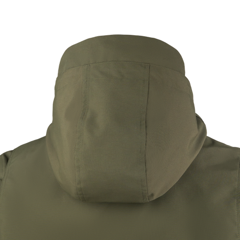 Back view of the Condor Aegis Waterproof Parka in olive green, highlighting the hood’s stitching and fabric texture against a plain white background.