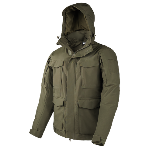 The Condor Aegis Waterproof Parka in Olive Drab features a hood, multiple front pockets, and sleeve patch details, shown against a plain white background.