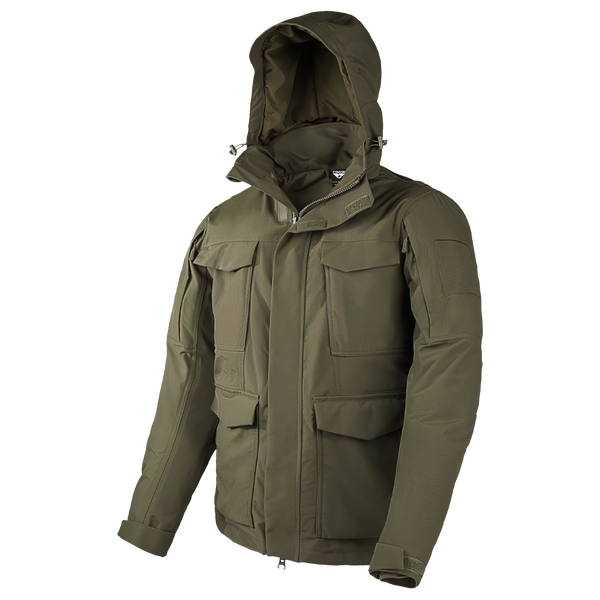 The Condor Aegis Waterproof Parka in Olive Drab features a hood, multiple front pockets, and sleeve patch details, shown against a plain white background.