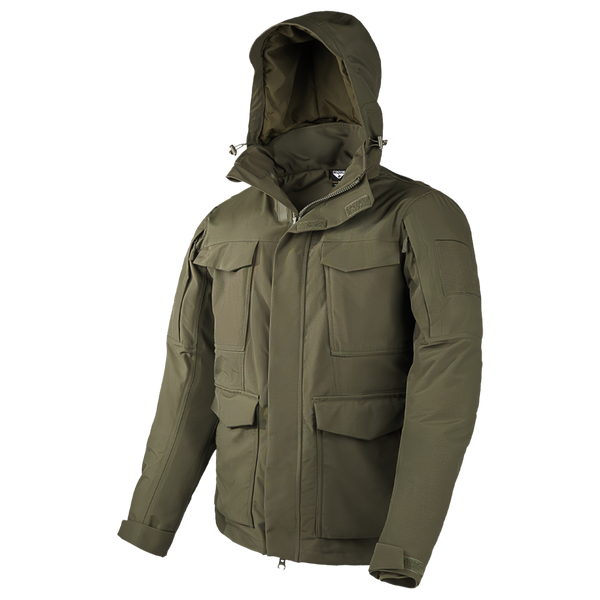 The Condor Aegis Waterproof Parka in Olive Drab features a hood, multiple front pockets, and sleeve patch details, shown against a plain white background.