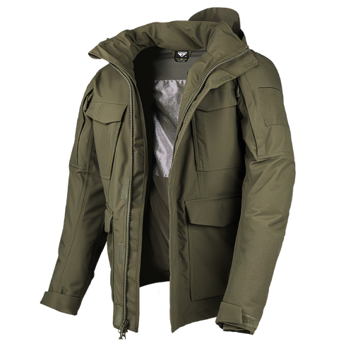 The Condor Aegis Waterproof Parka in olive green features multiple front pockets, a high collar, and a zippered front, shown against a white background.