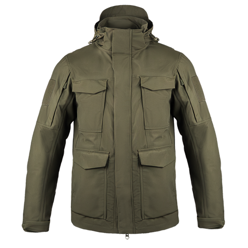 The Condor Aegis Waterproof Parka in olive green features multiple front pockets, a high collar, and an adjustable hood, shown against a plain white background.