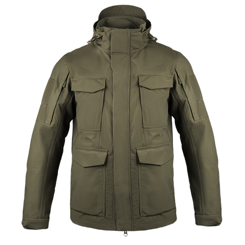 The Condor Aegis Waterproof Parka in olive green features multiple front pockets, a high collar, and an adjustable hood, shown against a plain white background.