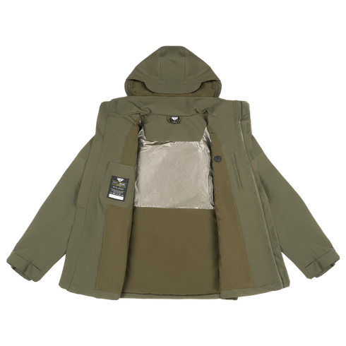Condor Aegis Waterproof Parka in olive green, shown open with a light brown lining, chest tag, and multiple stitched panels, displayed on a plain white background.